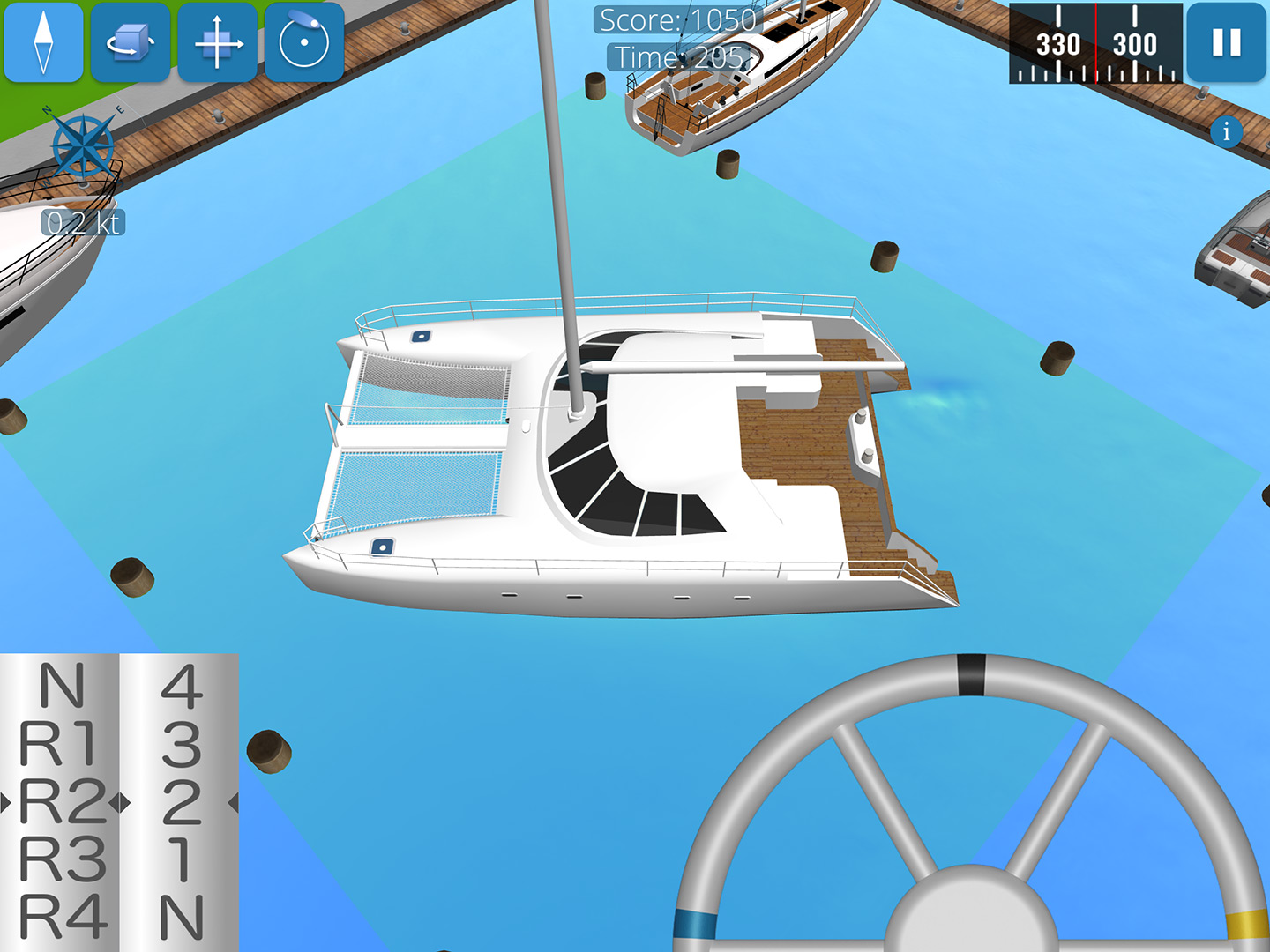 Screenshot shows catamaran turning in close quarters