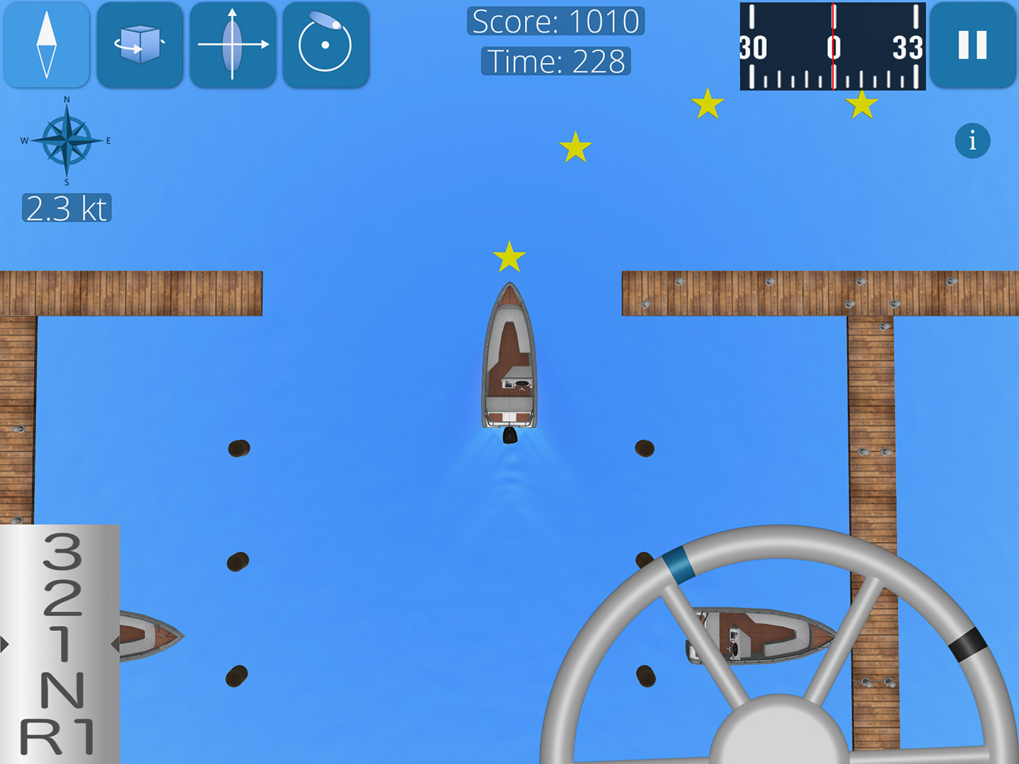 Screenshot shows motorboat maneuvering in habor