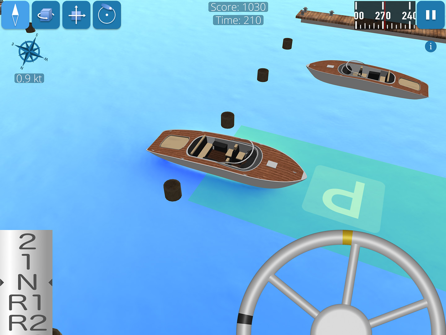 Screenshot shows motorboat parking into slip