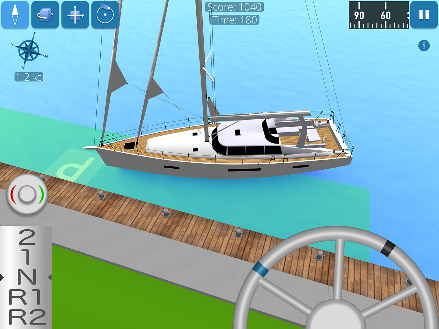 Screenshot shows sailing yacht docking at pier